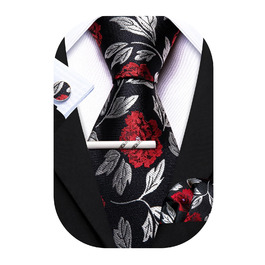 Краватки Barry.Wang для хлопчиків, 119.9 см, самов'язування, краватка-метелик та нагрудна хустинка, шкільна форма, випускний, виступ, вік 6–15 років (чорний, червоний та білий квітковий принт)