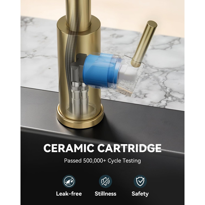 Кран кухонний LED Warmiehomy професійний, 360° поворотний, з двома виливами, високий вигин, спіральна пружина, для мийки, з нержавіючої сталі (золотий)