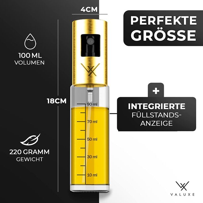 Розпилювач для олії VALUXE® Original – Преміум нержавіюча сталь та скло, для кухні, точний дозатор для олії для смаження та заправки салатів (золотистий)
