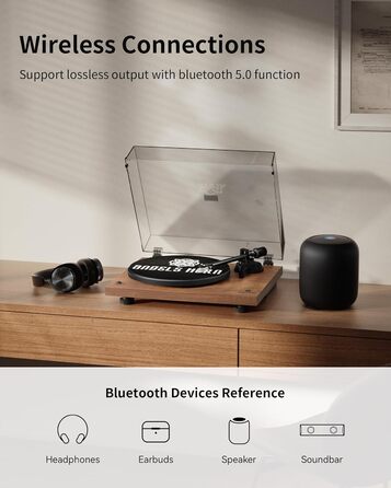 Програвач вінілу ANGELS HORN Bluetooth з підсилювачем, ремінним приводом, 2 швидкості (33/45 об/хв), картридж AT-3600L, горіх