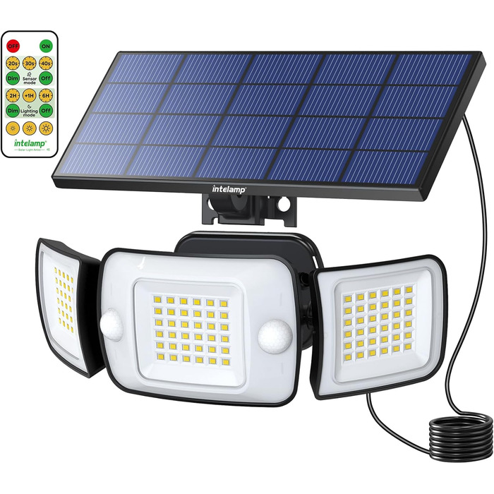 INTELAMP Solar Lights for Outdoors with Motion Sensor, 6000 mAh Solar with Remote Control, 1200LM, 270° Wide-Angle Solar Lights, IP65 Waterproof for Porch and Garages (1 Piece - 2.7M Cable)