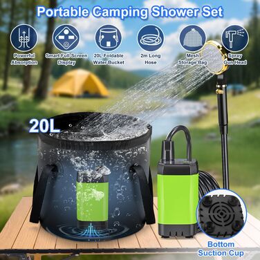 Портативна душова система Anesty для кемпінгу: насос, бак 20л, душова лійка, аксесуари для відпочинку на природі, автомийки та догляду за тваринами
