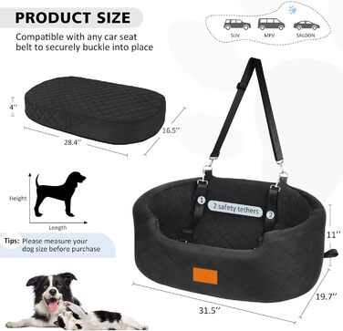 Dog Car Seat for Medium/Large Dogs (Up to 25 kg) or 2 Small Dogs - with Safety Leashes & Washable Cushion - Black Rear Seat Cover