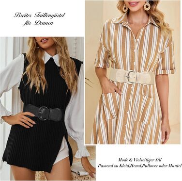 Жіночий широкий еластичний пояс JasGood 2 шт. В'язаний ремінь для суконь, штанів, джинсів. Чорний/Бежевий. Розмір M (76-90 см), L (91-105 см)