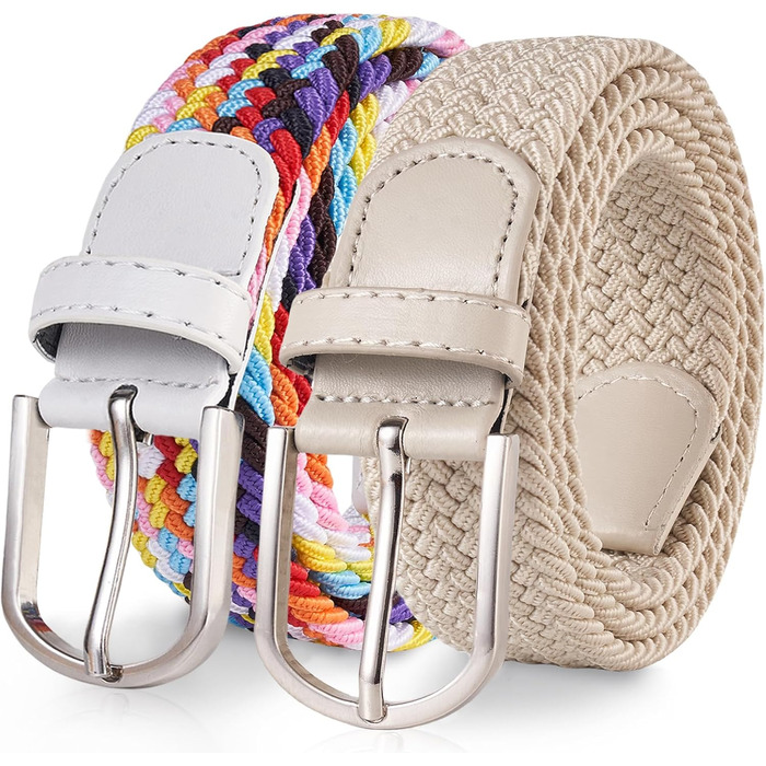 Тканинні ремені Tangchao 2 шт. - Плетені еластичні ремені для жінок та чоловіків, 3.3 см, довжина 90-135 см, 100 см, 120 см (багатобарвний+бежевий)