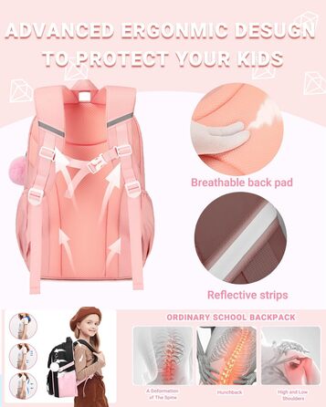 Дитячий рюкзак для школи DivingBirds, 2-7 клас, 22L, рожевий | Зручне дихаюче спинне відділення та м'які лямки | Рюкзак для дівчинки