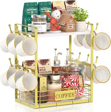 EsLuker.ly 2-Tier Mug Holders and Cup Stands, Mug Shelf for Coffee Cups, Coffee Organizer for Countertop, Coffee Station Organizer with Mug Holder, Vintage Brown-Black (14