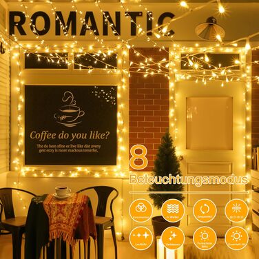 Льокотрна гірлянда 200 LED, для прикраси ялинки з пультом та таймером, 8 режимів, IP44, вологостійка, для дому та саду, тепле біле світло