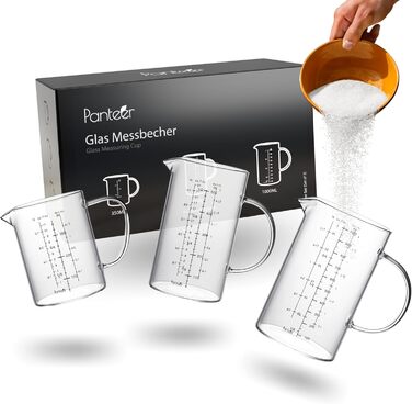 Measuring Cup Glass Set - 3 Pieces - High-Quality Handmade - Extremely Heat Resistant up to 150 Degrees - Suitable down to minus 20 Degrees - 1L, 500ml, 350ml - 2024