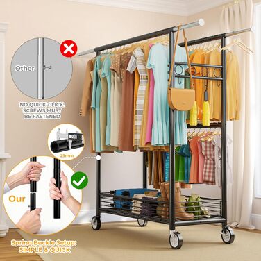 Стійка для одягу Bomclap з великою вантажопідйомністю, з колесами, висувна, з 3 перекладинами, 8 гачками та полицею, міцна, до 160 кг (чорна)