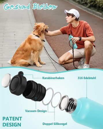 Фляга спортивна Feijian 1л з карабіном - термофляга з нержавіючої сталі, витікає, для води, кави, чаю, без BPA, для спорту, відпочинку, школи, кемпінгу, велосипеда, армійного кольору (світло-зелений, 750 мл)