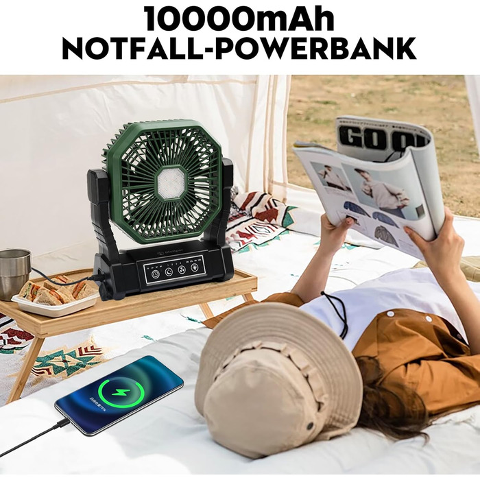 Акумуляторний кемпінговий вентилятор з LED-підсвіткою та Powerbank 10000mAh, портативний безшумний вентилятор для намету з пультом та таймером, чорно-зелений
