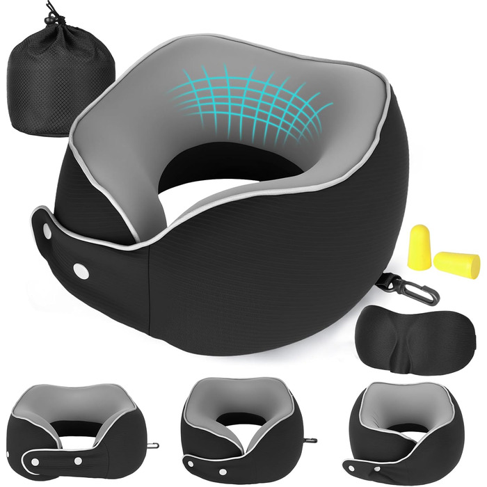 Ортопедична подушка для шиї з memory foam - підтримка 360°, для подорожей (літак, авто, поїзд), знімний плюшевий чохол, у комплекті: чохол для перенесення, навушники та маска для сну