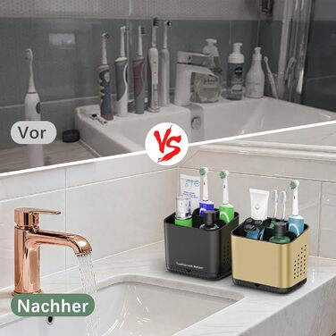 Тримач для зубних щіток електричної та звичайної, дерев'яний, з дренажними отворами, на 4 щітки, для ванної кімнати (Чорне золото, середній)