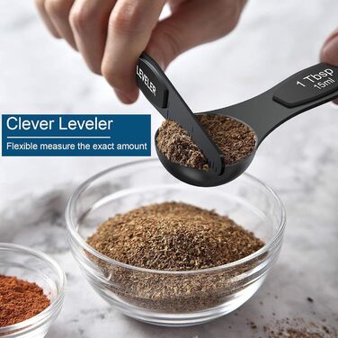 Wildone 21 black measuring cups and spoons, including 7 stainless steel measuring cups, 8 double-sided measuring spoons, 1 leveler, and 5 mini spoons.