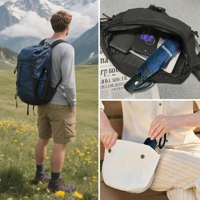 Компактний туристичний парасолька Herreicher з автоматичним відкриванням - легкий, складаний, портативний, з UV-захистом (UPF50+) для чоловіків та жінок (блакитний)