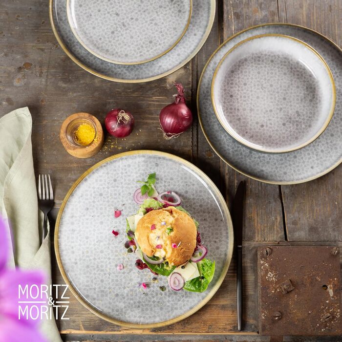 Moritz & Moritz TERRA 36-Piece Dinnerware Set - 12 Place Settings - Plate Set in Subtle Gray Made of High-Quality Porcelain - Dinnerware Set for 12 with 12 Dinner Plates, Dessert Plates, and Bowls Each - Gray 36-Piece Dinnerware Set