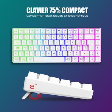 RedThunder K84 Combo: Бездротова клавіатура та миша USB, AZERTY (французька), 75% TKL, 3200 DPI (біла)