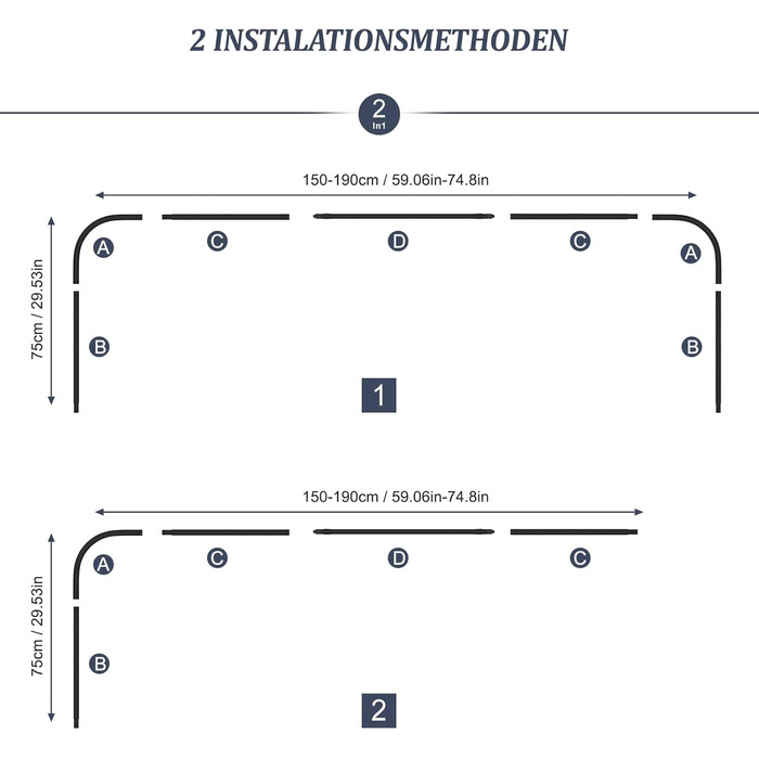 Штанга для душу U/L форми 75×(150-190)×75 см - 2 в 1 (для душу та ванни) з кільцями - Чорний колір
