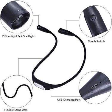 LED ліхтарик на шию, акумуляторний, для читання, в ліжко, 4 світлодіоди, 3 режими яскравості, для рукоділля, кемпінгу, ремонту 27 см