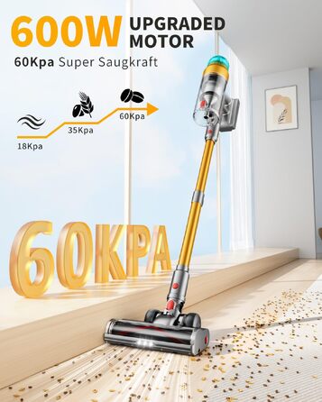 Акумуляторний бездротовий пилосос 600W 60KPa з дисплеєм, щіткою від шерсті та стіновим зарядним пристроєм, час роботи 75 хв