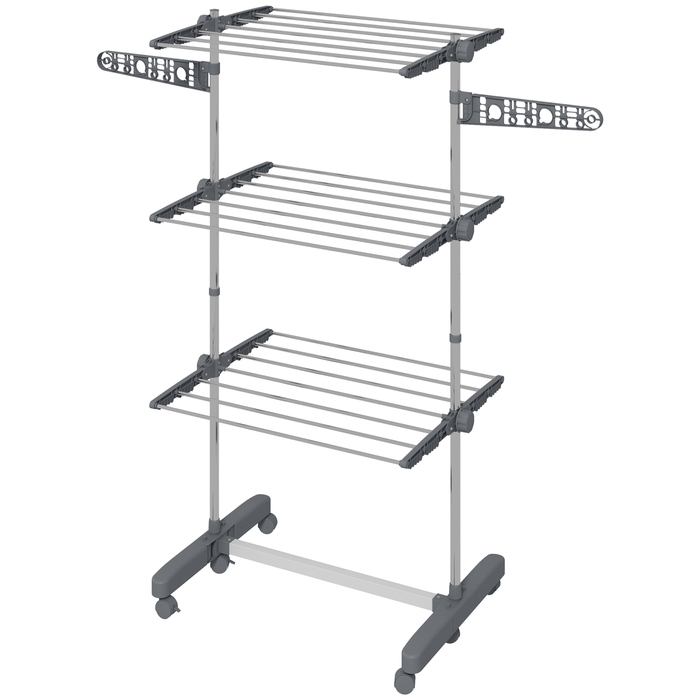 HOMCOM Clothes Dryer Tower Clothes Rack with Wheels, 3 Levels, Foldable Standing Dryer with Side Wings, Clothes Tower, Steel, Grey | Aosom