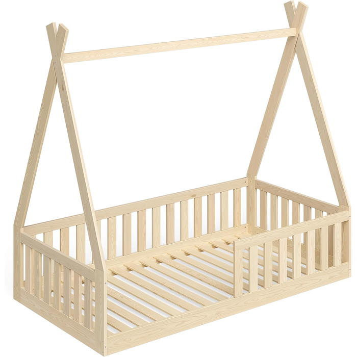 Bellabino Tajo Children's Bed Base 80x160 cm, House Bed made of Solid Pine Wood with Fall Protection/Rail and Slatted Frame in Natural for Children from 3 Years