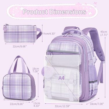 Шкільний рюкзак для дівчаток з візерунком, дихаючий та водовідштовхуючий рюкзак для 1-5 класів (рюкзак для дітей + ізольована ланч-торбинка + пенал, фіолетовий)