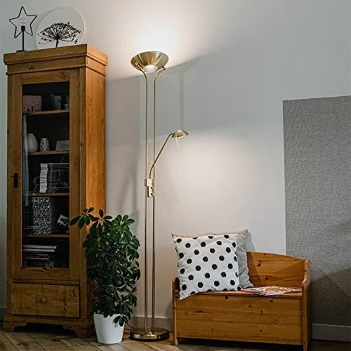 Сучасна торшер QAZQA Diva 2 Dimmer: золотий/латунний, з LED, димером та регулюванням світла. Ідеально для вітальні та спальні.