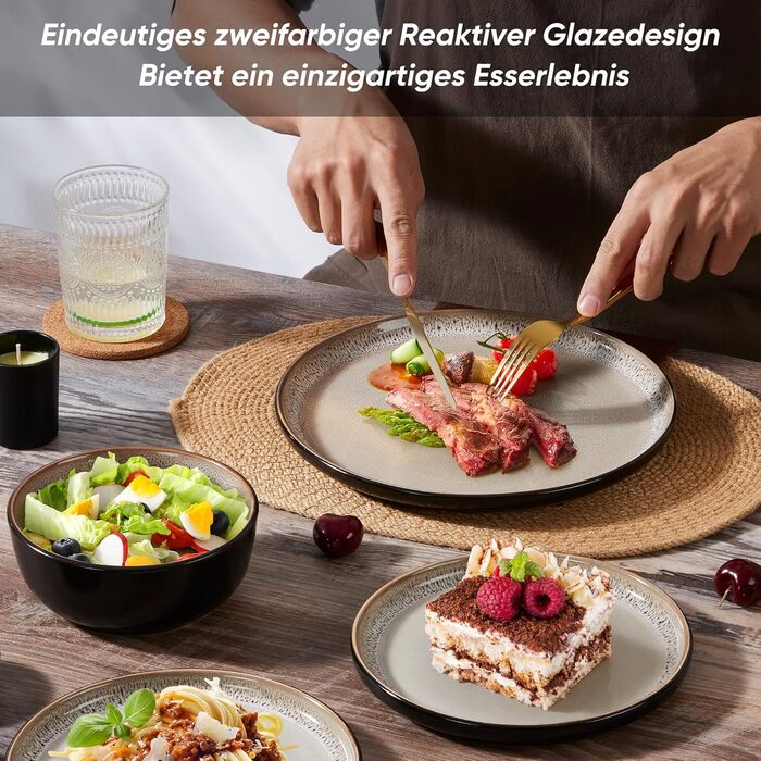 Набір посуду HaWare на 6 осіб, 18 предметів: тарілки, десертні тарілки, миски. З реактивною глазур’ю, стійкий до миття в посудомийній машині та використання в мікрохвильовій печі, бежевий колір.