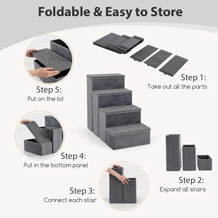 Сходинки для собак SOARS: складана пандус для домашніх тварин з місцем для зберігання, антиковзкі, до 50 кг, для собак та котів, під ліжко/диван (сірий, 38 x 65 x 58 см)