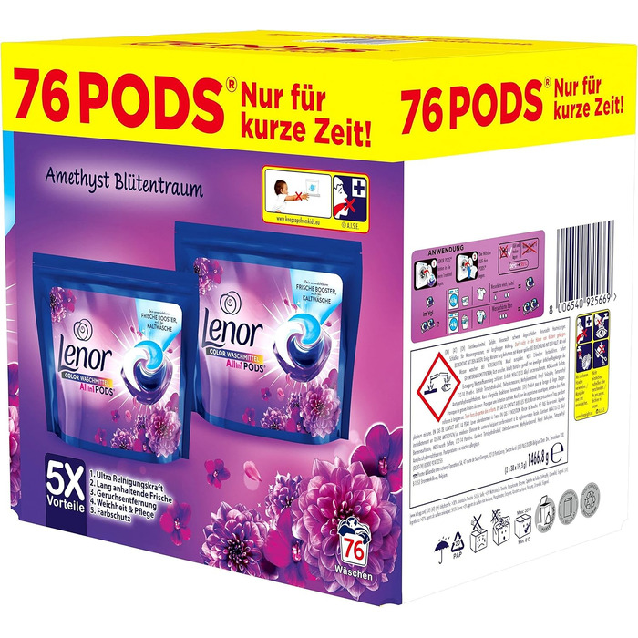 Капсули для прання кольорових речей Lenor All-in-1 PODS Amethyst Blütentraum, гігієнічне глибоке очищення та тривала свіжість, 76 шт