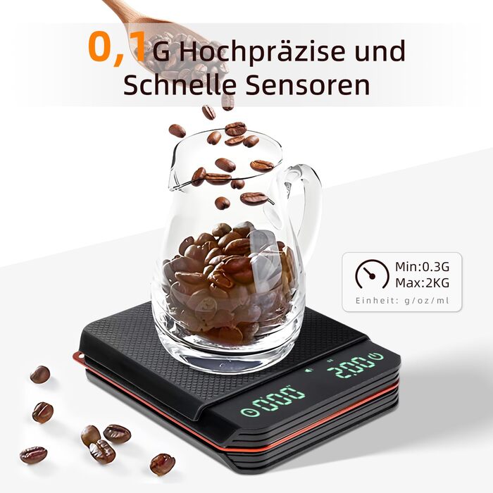 Кухонні ваги Carehabi з таймером, 0.1г, прецизійна вага для еспресо, 2 кг, з силіконовим підігрівачем, перезаряджувана