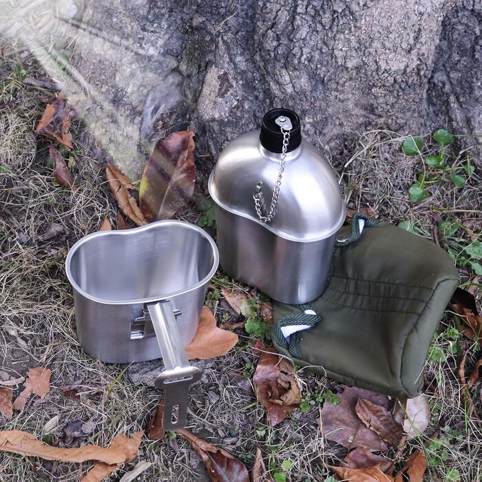Goetland Stainless Steel US Military Field Bottle Set 1.2l with 0.6l Cup Nylon Bag Water Bottle Cooking Pot Camping Cup (1 Liter with 0.5 Liter)
