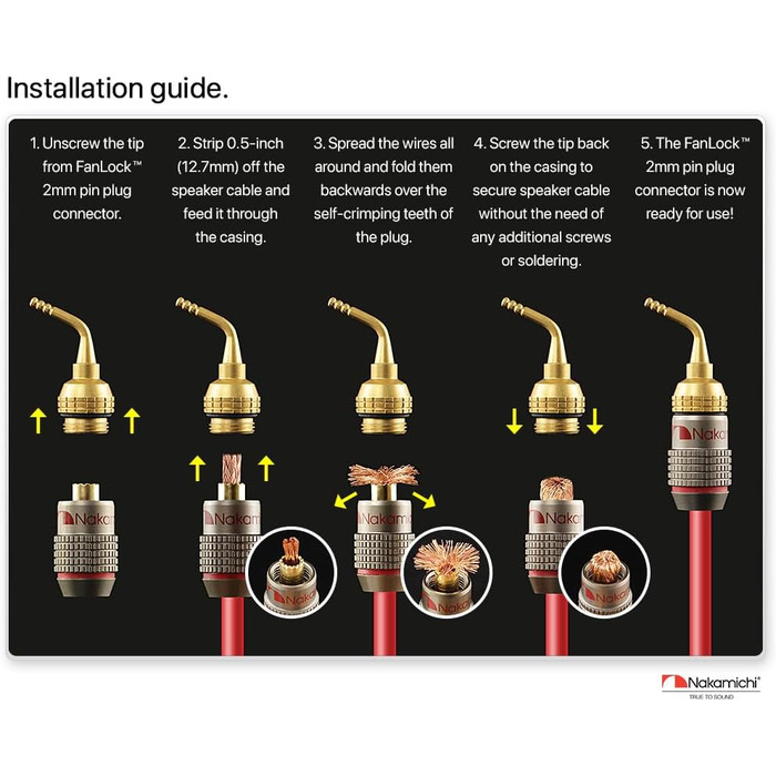 Бананові роз'єми Nakamichi FanLock Excel-Serie, 24K позолочені штекери 2мм для акустичних кабелів Hi-Fi, 10-18 AWG, 4мм, 4 шт (2 пари)