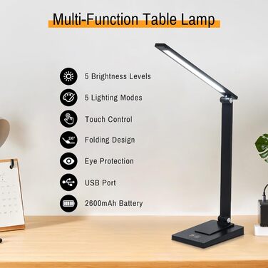 LED лампа настільна Eraylife: бездротова, 800LM, 2600mAh, 5 кольорів, 5 рівнів яскравості, диммування, для дітей, офісу, з USB, чорна