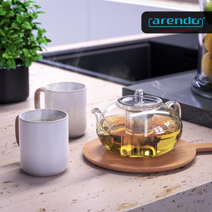 Скляний чайник Arendo з ситечком з нержавіючої сталі, боросиликатне скло, 1200 мл, термостійкий для листового, трав'яного та фруктового чаю