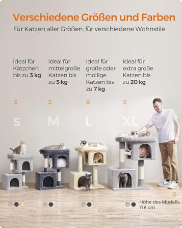 Feandrea Cat Tree, 84 cm Cat Tree, L, Cat House for Large Cats up to 7 kg, Large Platform, 2 Cat Caves, Sisal Posts, PCT61W (XL (68 x 48 x 101 cm), Smoke Gray)