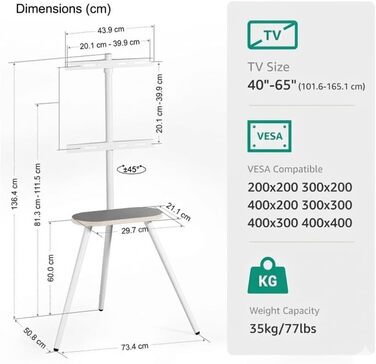 Стійка для телевізора 43-65 дюймів LCD LED OLED до 35 кг, регульована по висоті, поворотна, дерев'яна підставка з полицею, VESA 400x400 мм, біла