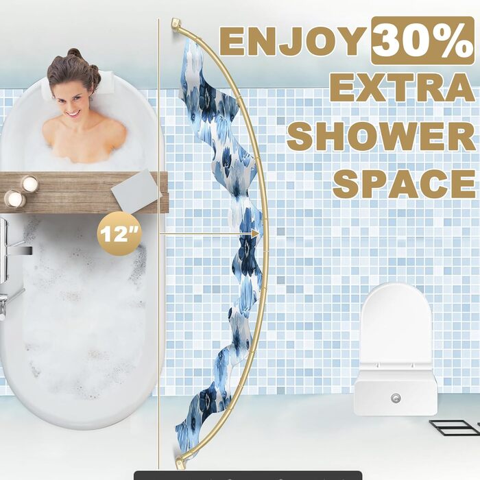 Вигнута штанга для душової завіси YNL, 89-203 см, золота, кругла, нержавіюча сталь, для ванної кімнати та ванни, регульована, розширювана, антикорозійна