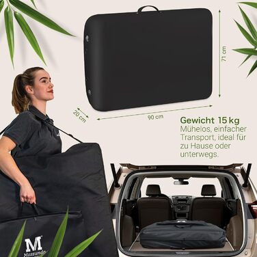 Масажне ліжко MASSUNDA Mobile Comfort Deluxe – розкладне, регульоване по висоті, широке, з дерев'яним каркасом, ергономічною підголівником, покриттям, підлокітниками та подушкою (Чорний)