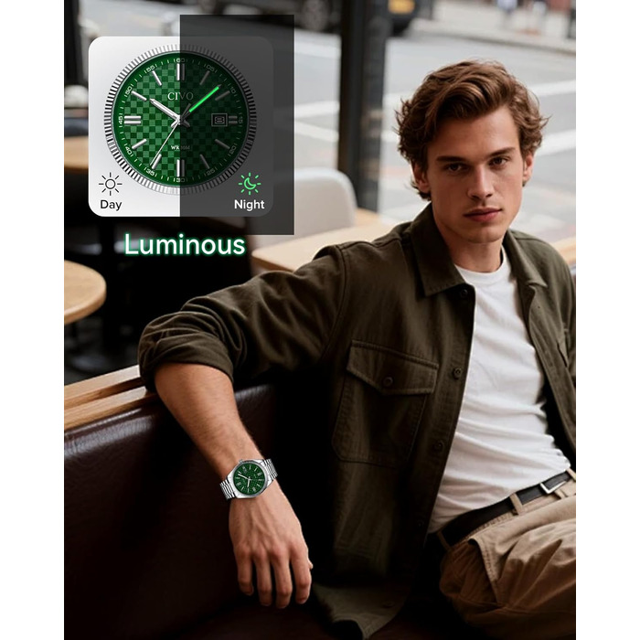 Чоловічий годинник CIVO з нержавіючої сталі: аналоговий бізнес-годинник з датою, що світиться - водонепроникний для роботи та відпочинку - стильний подарунок для чоловіків (сріблястий, зелений)