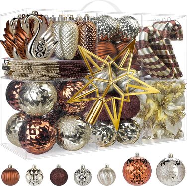Набір прикрас для ялинки Alupssuc 128 шт. - ялинкові кулі, квіти, орнаменти, червоно-золотий (шампань, коричневий)