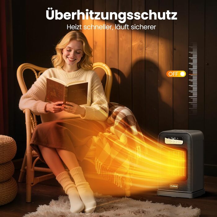 Портативний обігрівач FLANUR з термостатом, 1500W, PTC-кераміка, ECO-режим, 2-в-1, цифровий дисплей, таймер 12 годин, тихий (35dB), білий, 1 шт + 2 режими (чорний)