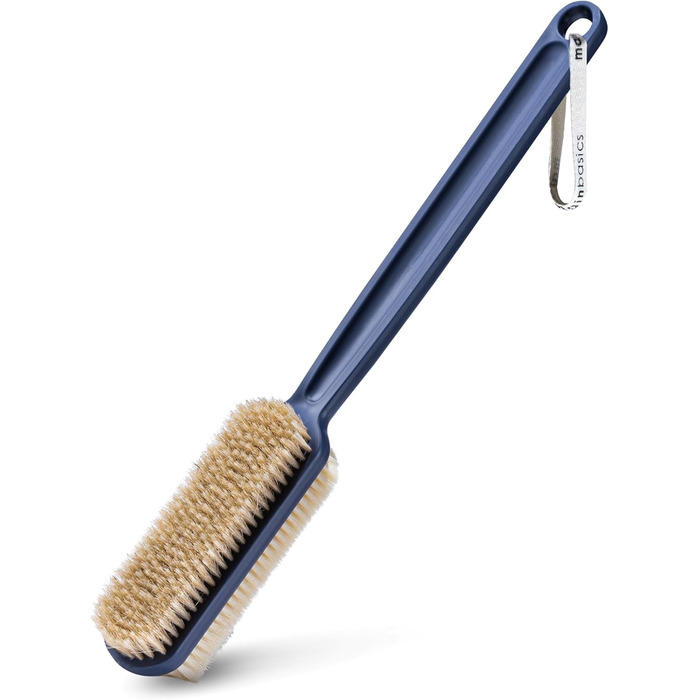 Скребок для спини MainBasics для душу – довга ручка, двостороння щітка для миття тіла та скрабування з пілінгом та м'якими щетинками (Ультрамарин, пластик)