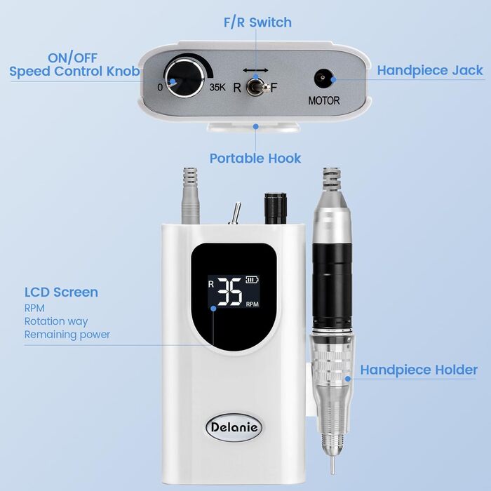 Електричний нагліфрезер Delanie 35000 об/хв для акрилових та звичайних нігтів - акумуляторний, з набором свердел, регулювання швидкості та напрямку (білий)