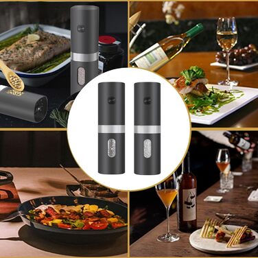 Електричні млини для солі та перцю 2 шт. Набір, батарейне живлення, LED-підсвічування, регулювання помелу, чорний (Стиль 2)