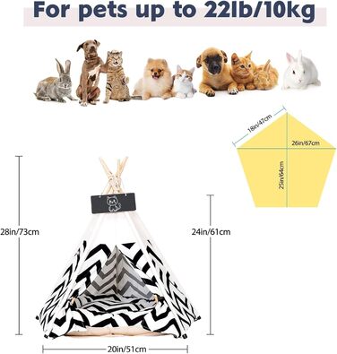 Палатка для тварин Tipi, 60x60x70 см: ліжко для собак та котів з двостороннім килимком, знімний та пральний дизайн