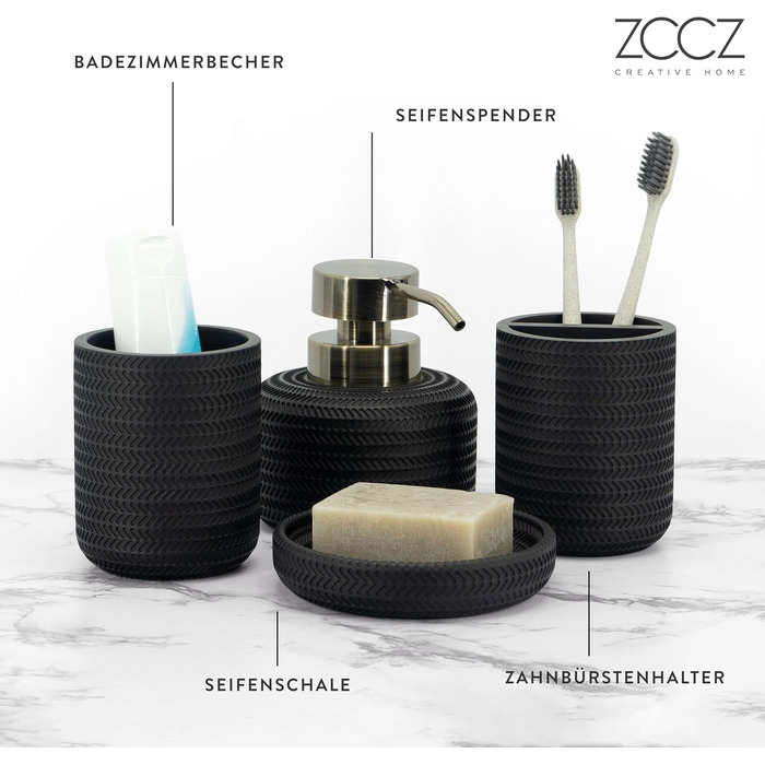 Набір аксесуарів для ванної кімнати ZCCZ, 4 шт. Чорний: мильниця, тримач для зубних щіток, стаканчик, мильниця. Організатор для раковини