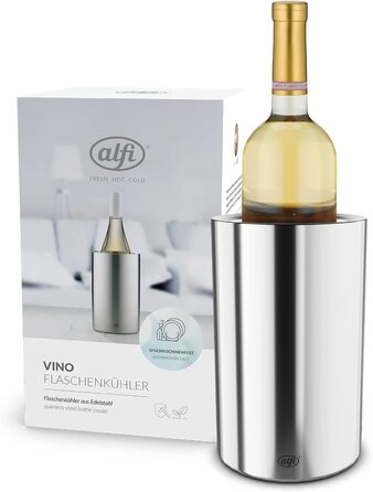 alfi SECCO, stainless steel bottle cooler for 0.70 to 1l bottles, wine, sparkling wine. Keeps drinks cool without condensation or ice cubes, ensuring chilled drinks to the very last drop. Dishwasher-safe, BPA-free (Polished stainless steel, cylindrical)